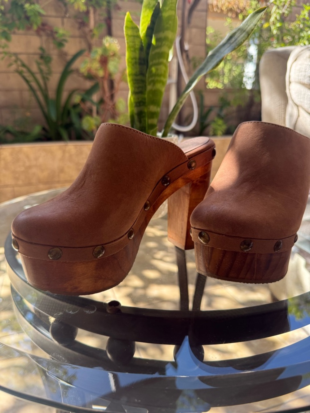 Brown Leather Studded Wooden Platform Mules (Like new used once )